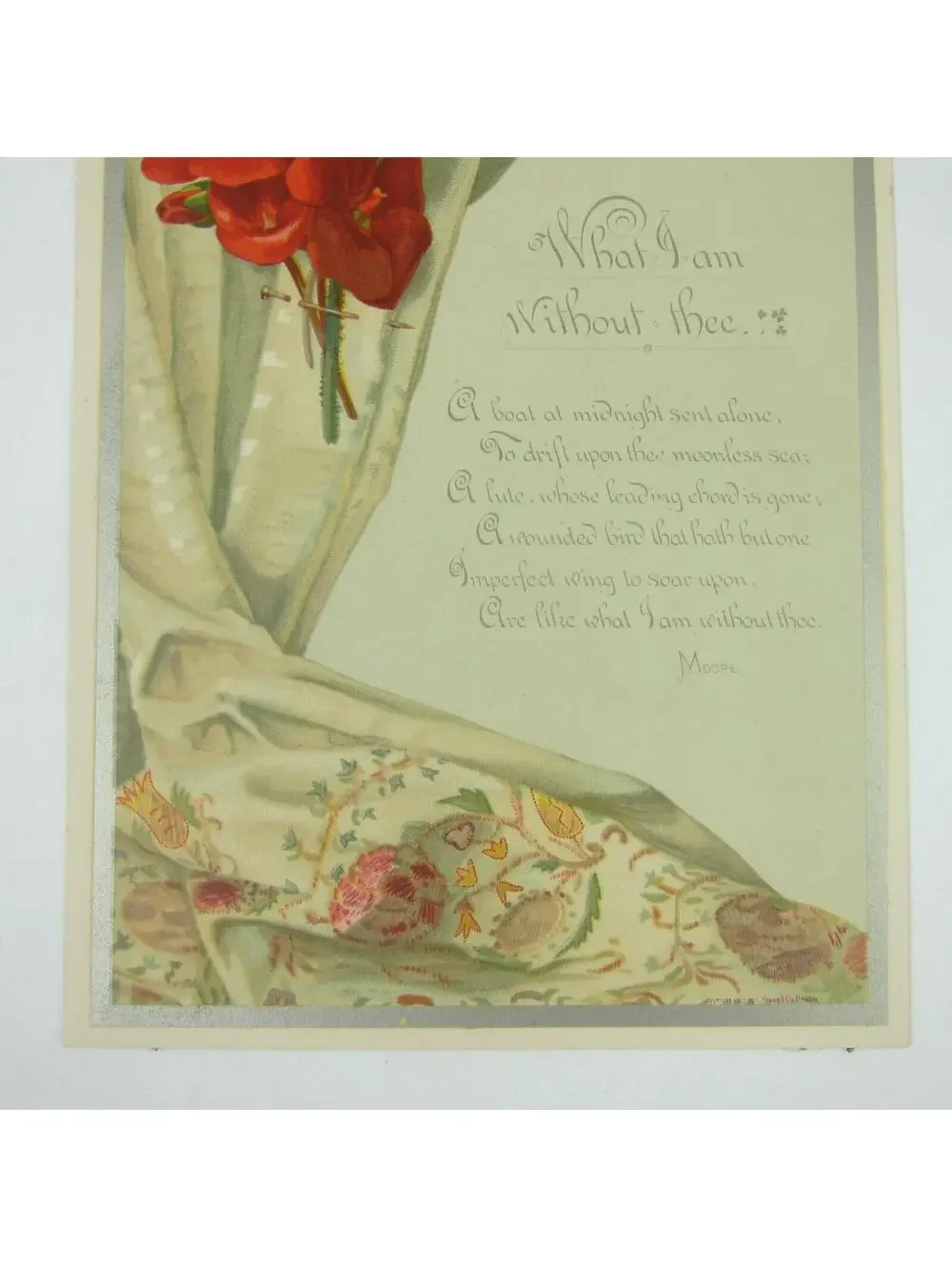 Victorian Valentine Card Red Geranium Flowers Tree White Blossoms Back Antique